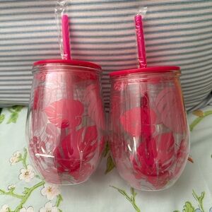 Pink Leaf Print Tumblers with Straws